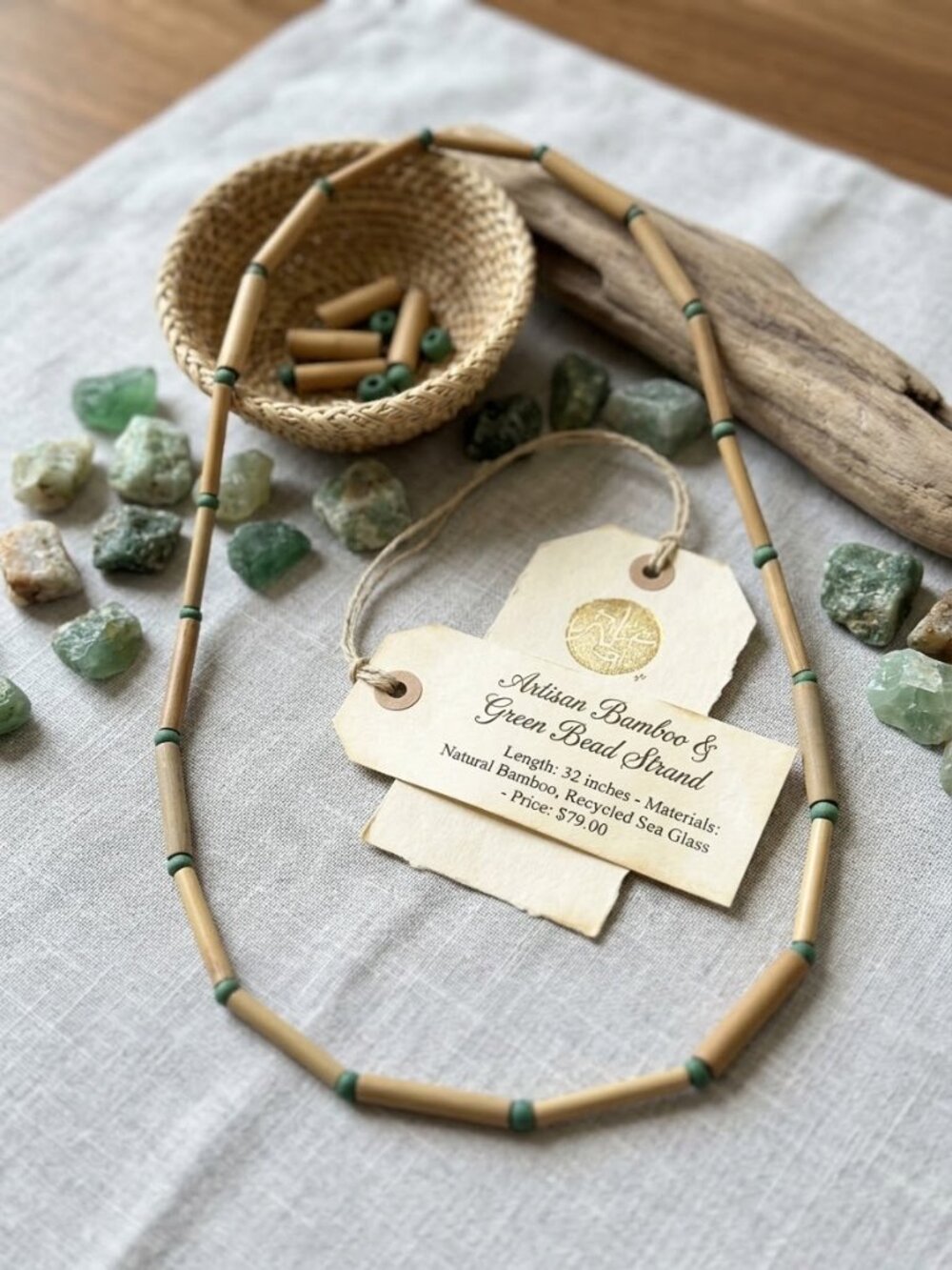 Bamboo & Green Bead Strand Necklace Long Bohemian Natural Jewelry